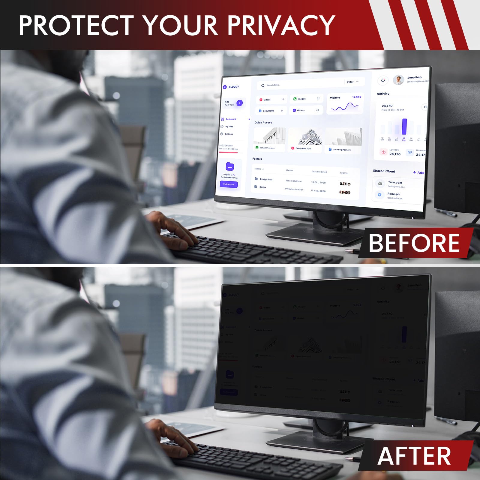 SOPPY Filtro privacy per computer da 24 pollici per monitor 16:9, pellicola protettiva rimovibile per la privacy, anti luce blu, antiriflesso, pellicola per la privacy del computer per monitor da 24