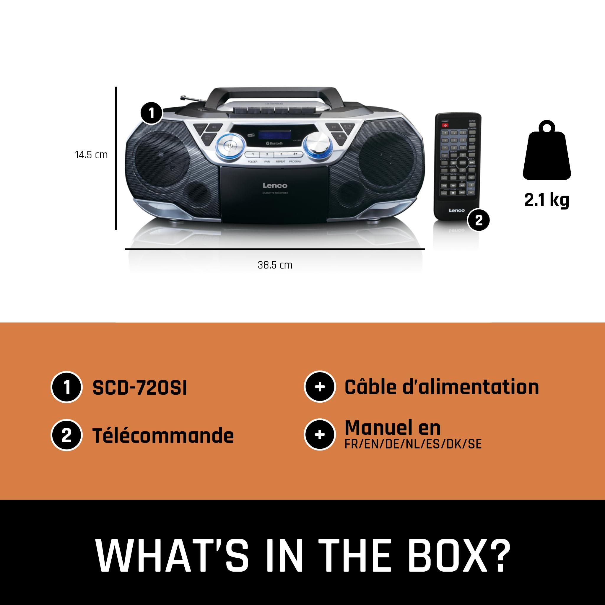 Lenco SCD-720 Lecteur CD, Dab+, Lecteur CD Portable, CD Player, Boombox, Bluetooth 5.0, Lecteur CD/MP3, Lecteur de Cassettes, Radio FM, Port USB, 2 x 6 W RMS et Bass Reflex, télécommande, Argent
