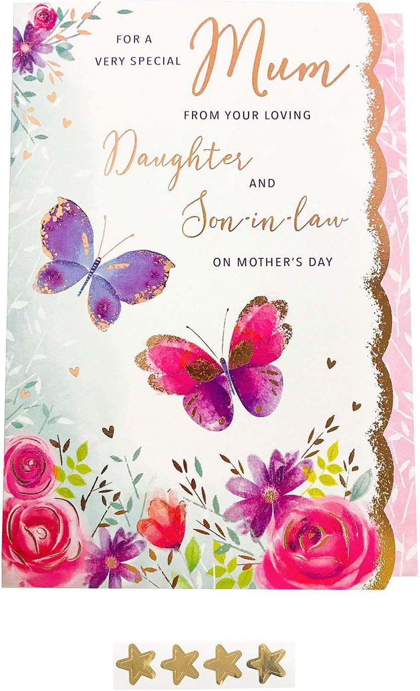 Mothers Day Card for Mum from Daughter and Son in Law with Envelope Star Stickers Seal Words Verse Purple Pink Butterflies Floral Gold Foil Design