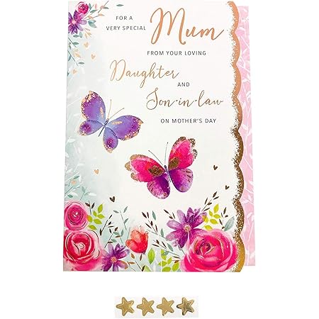 Mothers Day Card For Mum From Daughter And Son In Law With Envelope Star Stickers Seal Words Verse Purple Pink Butterflies Floral Gold Foil Design Amazon Co Uk Office Products