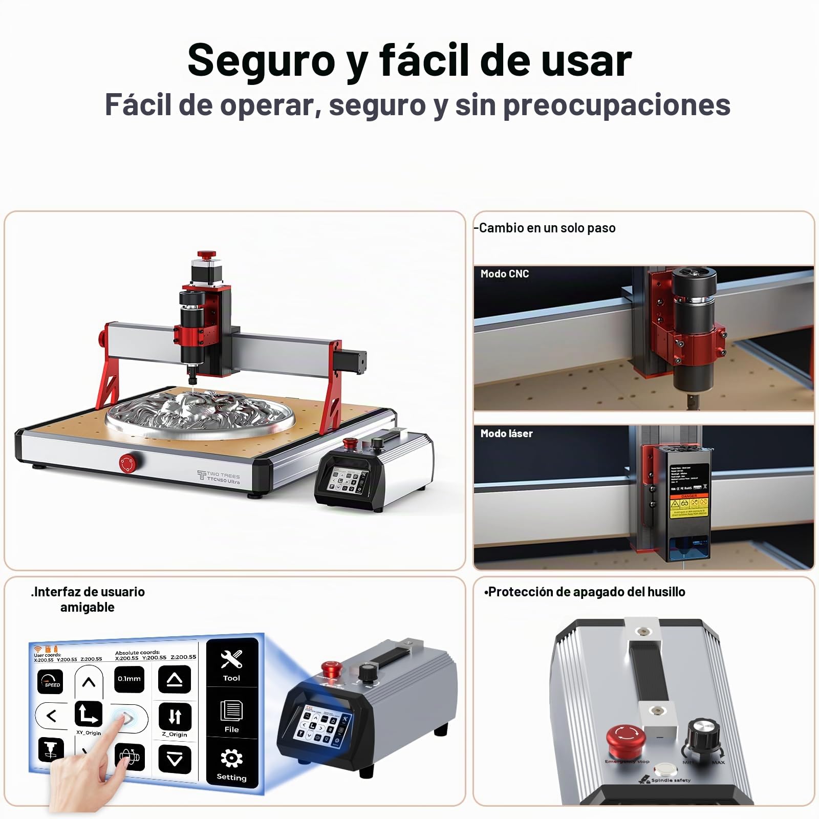 Twotrees Fresadora CNC TTC450 Ultra 500W, conmutable entre CNC y modo de grabado láser, con controlador de pantalla táctil de 3.5 pulgadas, máquina de grabado CNC para metal, aluminio, madera