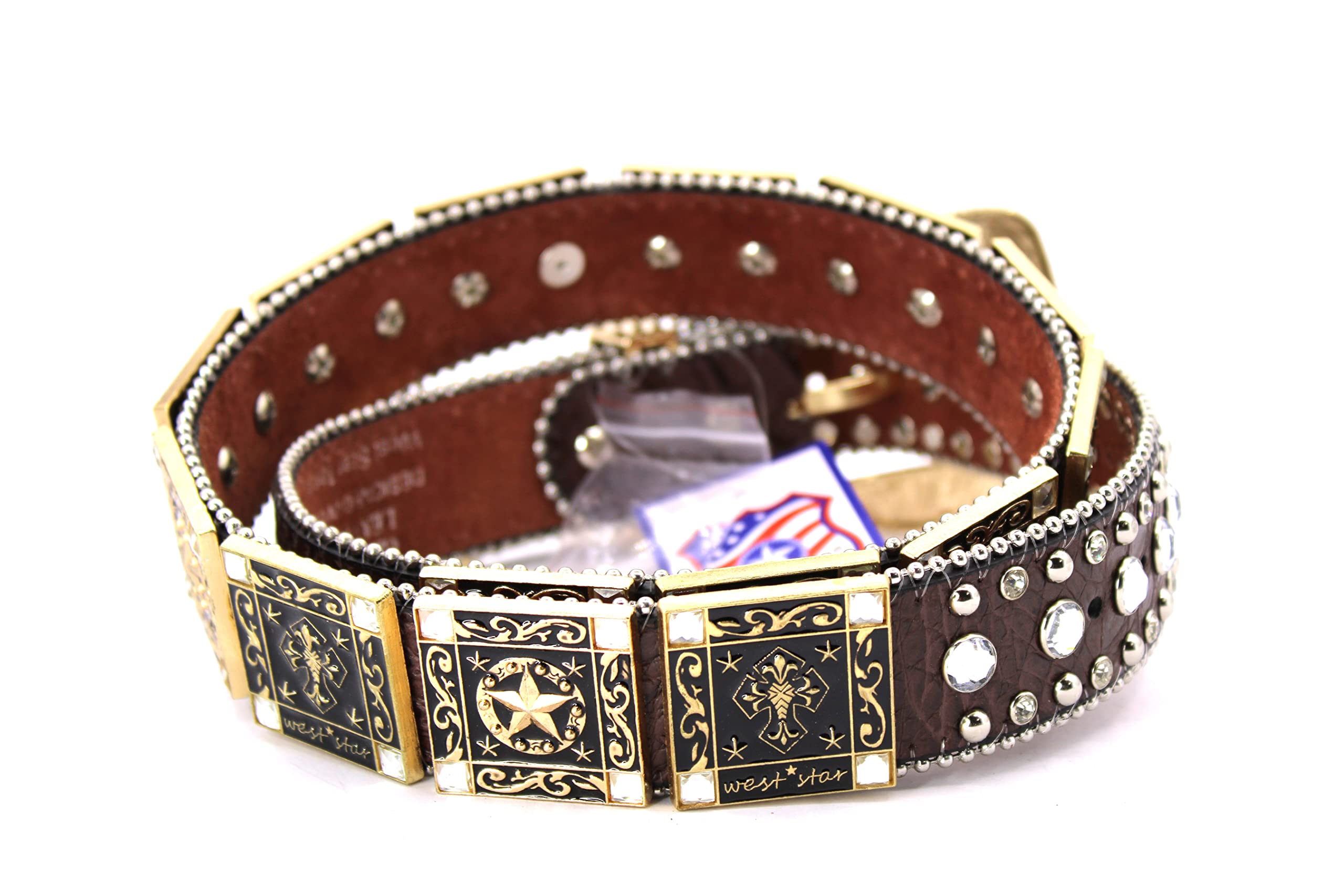 West Star Texas Genuine Leather Belt for Women & Cowboy Big Rhinestone With Engraved Buckle Country Style With Black Cross-802F STAR CF M