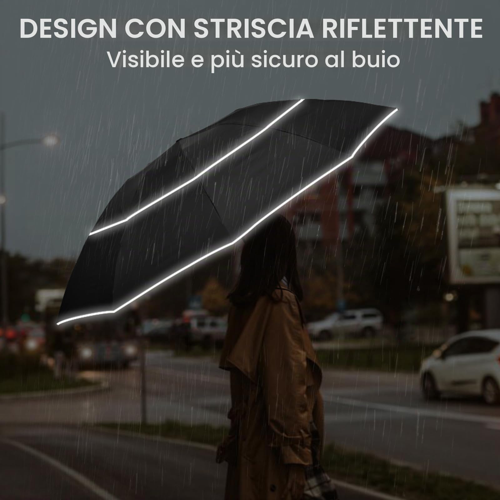 G4Free Ombrello pieghevole da 157 cm, con striscia riflettente, 10 stecche, grande, da viaggio, compatto, invertito, antivento, doppia copertura, apertura automatica e chiusura