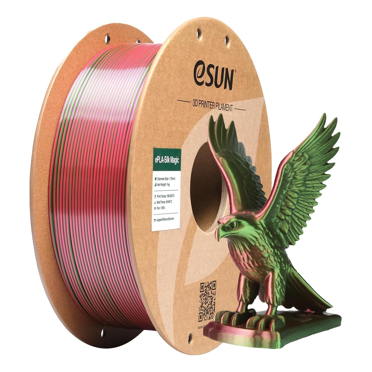 eSUN Silk Filamento PLA a doppio colore da 1,75 mm, filamento per stampa 3D in coestrusione Silk Magic PLA, colore sfumato che cambia bobina da 1 kg (2,2 libbre) (Silk Rosso Verde, 1KG)