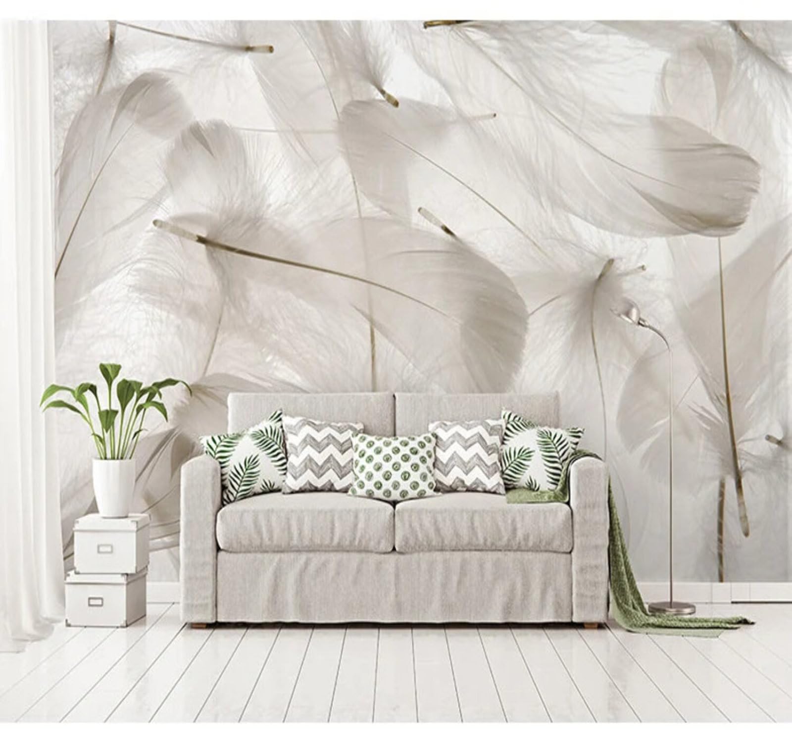 Tzxztt White Feathers Abstract Hand Drawn Art Modern 3D Wallpaper Premium Textured Silk Neutral Tones Material Ideal for Living Room Bedroom-250cm×170cm