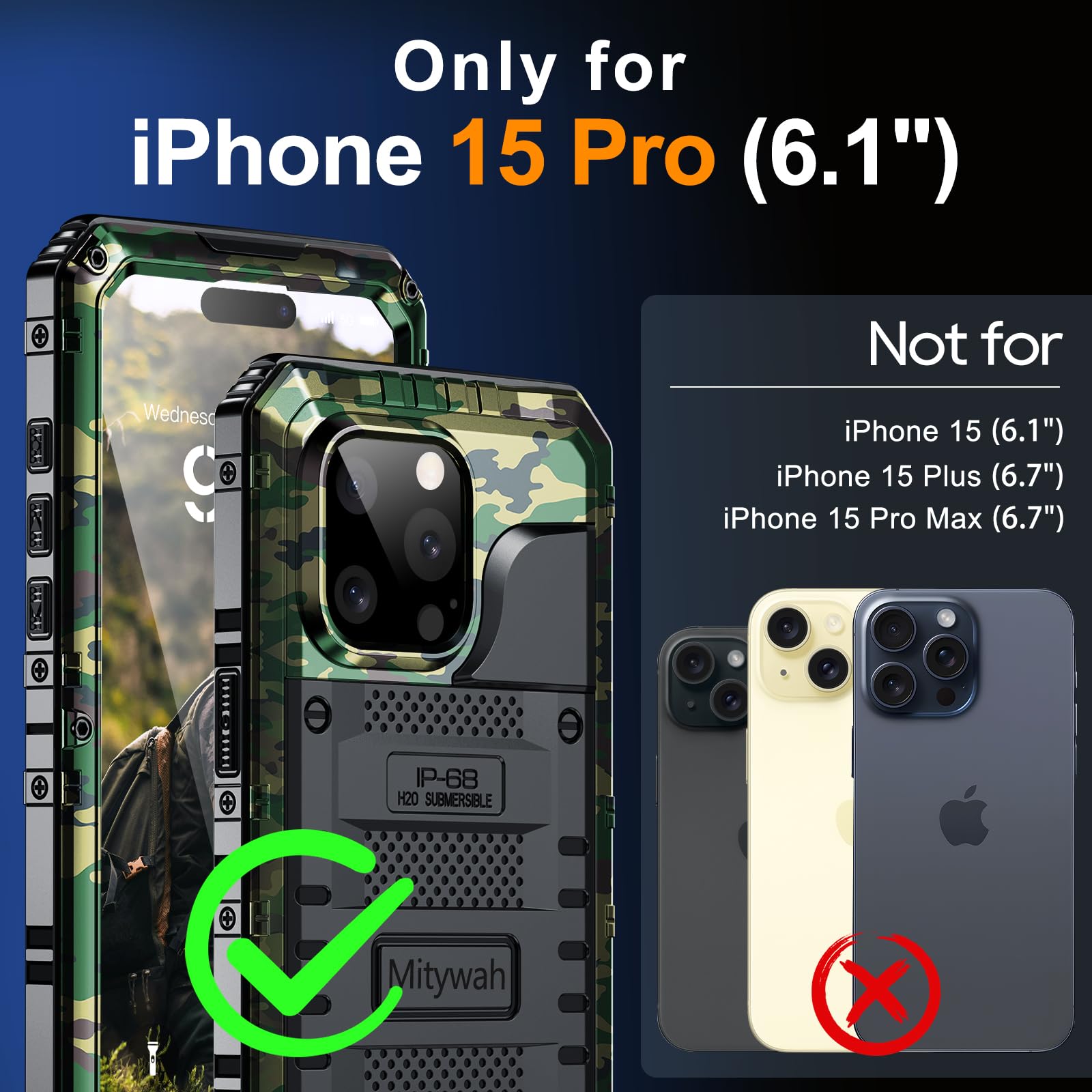 Mitywah Wasserdichte Hülle für iPhone 15 Pro, robuste, stoßfeste Hülle mit integriertem Displayschutz, Ganzkörper-Unterwasser-Schutzhülle, Metallhülle, 6,1 Zoll, Camouflage