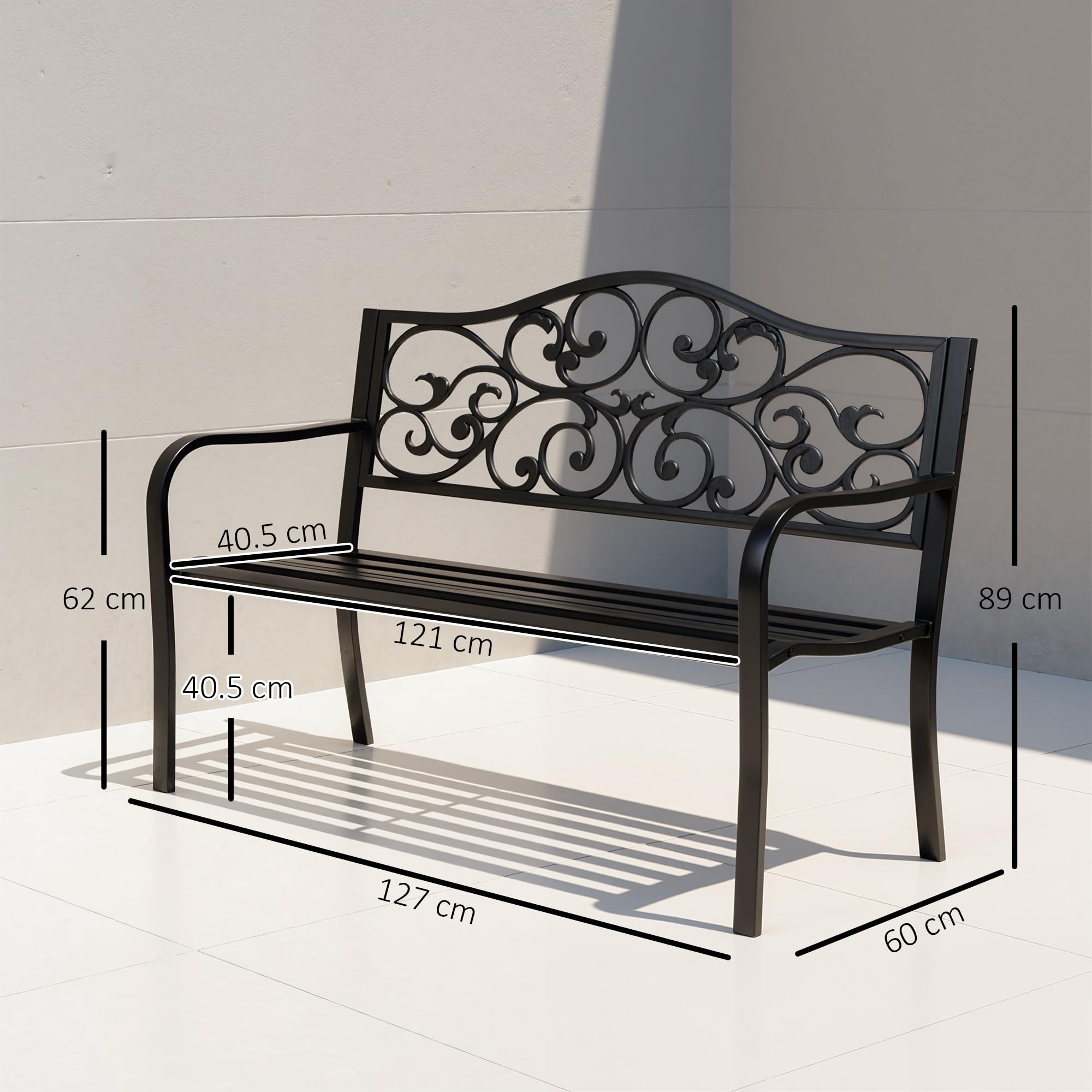 Outsunny Panchina da Esterno in Ghisa e Metallo con Schienale Alto Decorato Panchina da Giardino 2 Posti 127x60x89cm Nero