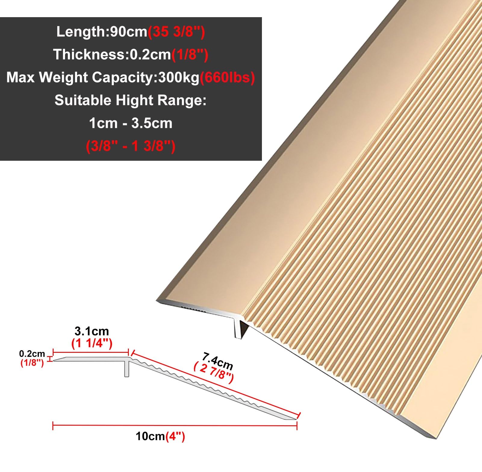 CMYUN Barre de Seuil Bande de Transition Antidérapante en Aluminium de 10cm, Bande de Jonction Moquette-carrelage pour Sols Irréguliers, Réducteur de Seuil de Grande Taille/Garniture de Seuil(Gold)