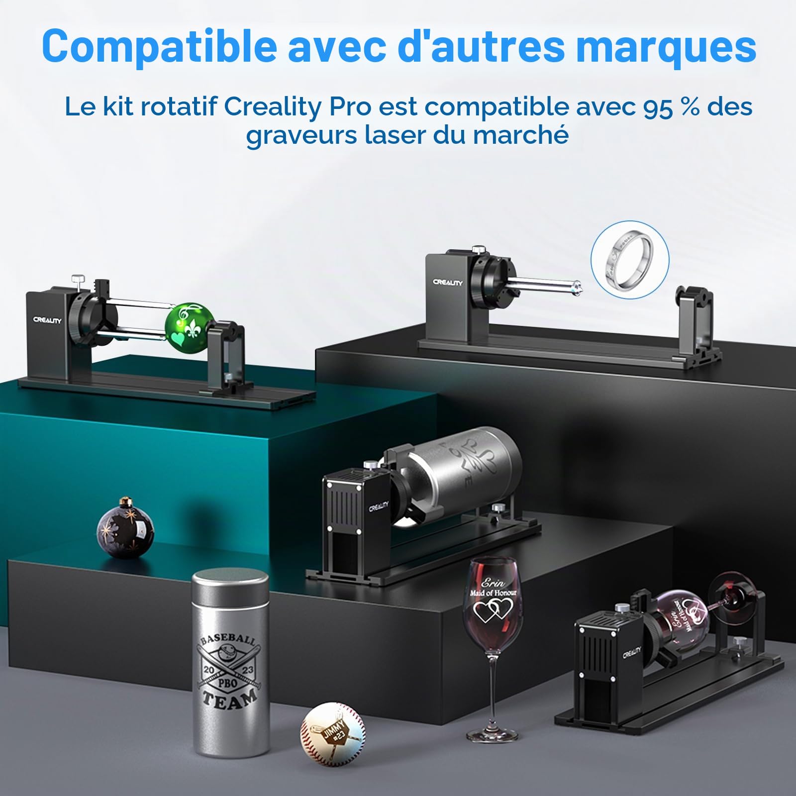 Creality Galet rotatif laser, mandrin rotatif sur axe Y pour graveur Falcon, kit rotatif Pro avec mâchoire 3 en 1 et module adapté pour la gravure d'objets cylindriques, verres à vin, gobelets, bagues