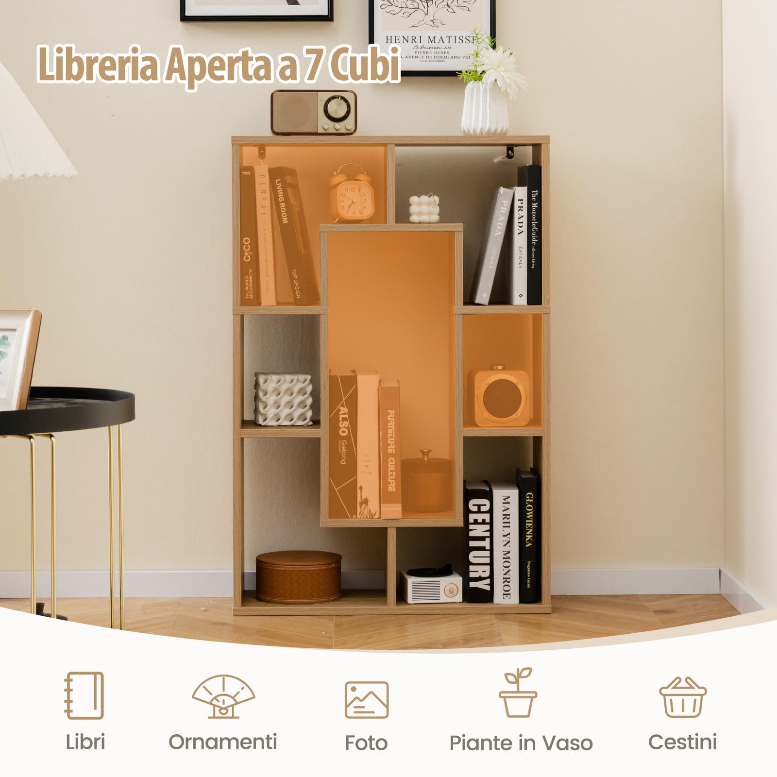 COSTWAY Libreria in Legno, Scaffale Aperto Geometrica a 7 Cubi, Scaffale da Esposizione con Dispositivo Anti-Ribaltamento, per Ufficio Soggiorno Camera da Letto, 60x20x90 cm (Naturale)