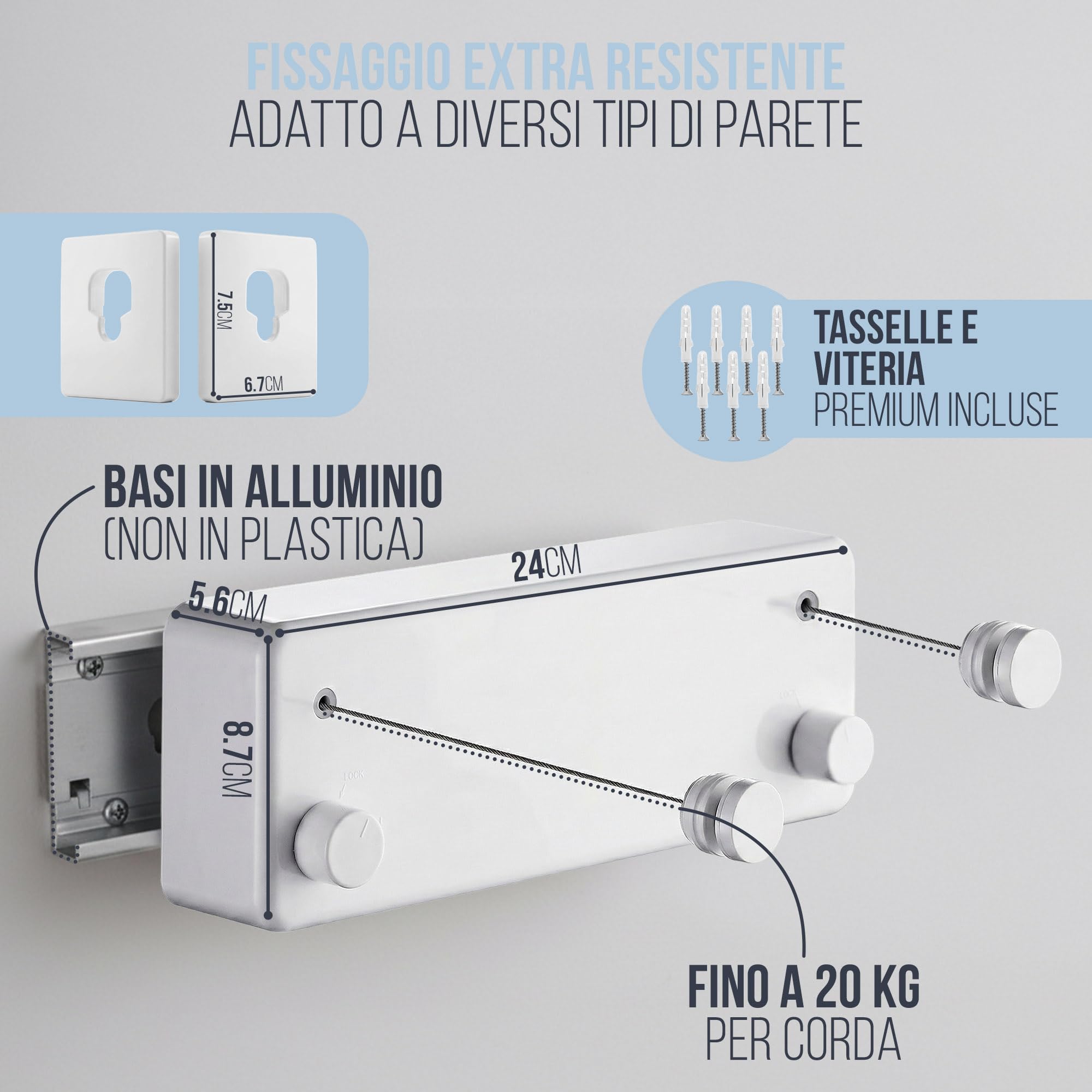 Filo Stendibiancheria Retrattile da Parete con doppia corda in acciaio da 4,2 m Stendibiancheria a Scomparsa Salvaspazio per bagno e balcone - Mollette in legno e sacchetto in tessuto inclusi