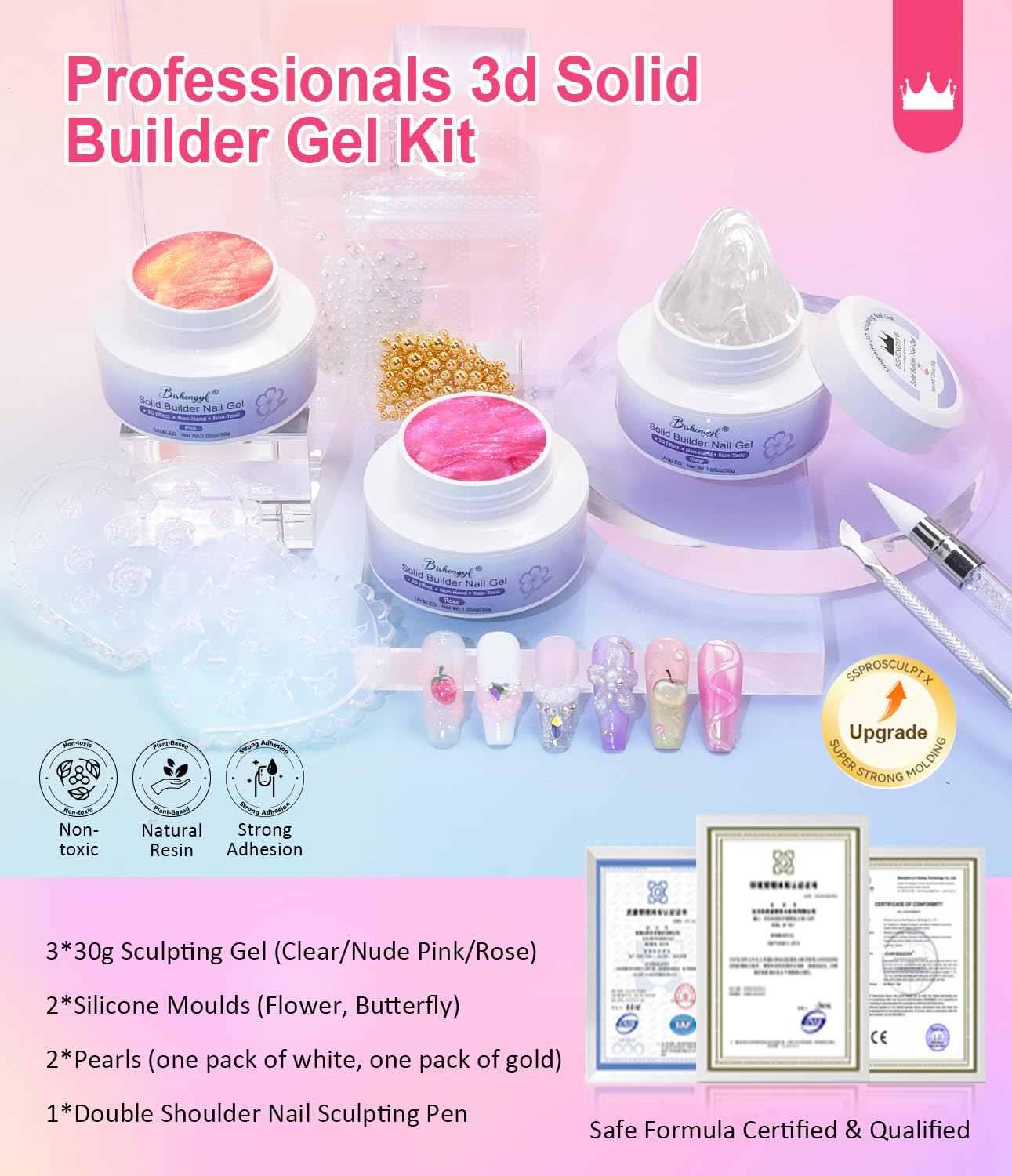 BISHENGYF Clear 3d Gel for Nails,3 Pcs 30g Large Capacity Mermaid Pearl 3d Gel,No Stick Solid Builder Ge l for Nails 3d Silicone Pens and Mold Tools Extension Salon Manicure Home Diy(Rose Pink) - Image 2