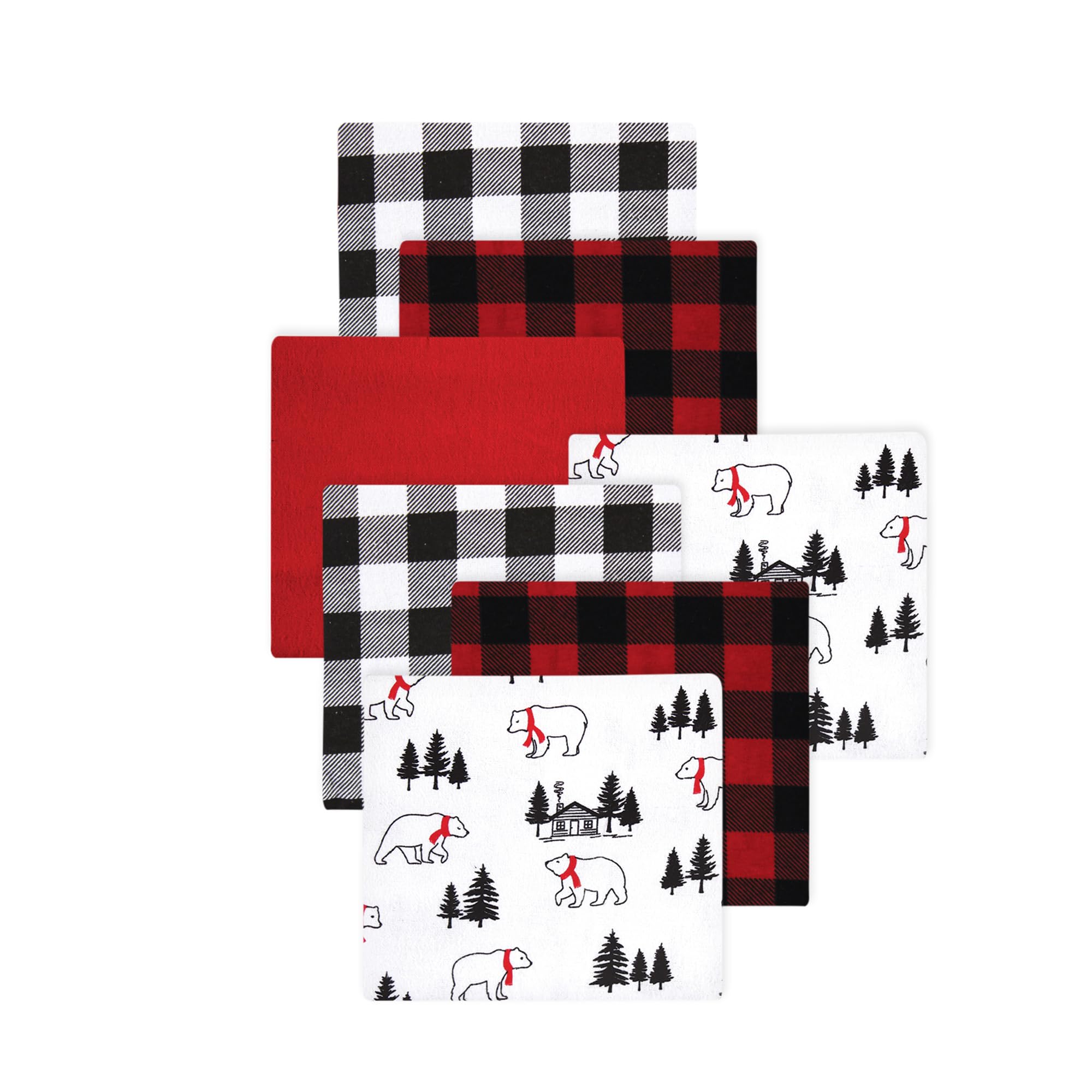 Little Treasure Hudson Baby Cotton Poly Flannel Receiving Blankets Multipack, Red Buffalo Plaid Bear, 30x30 inches