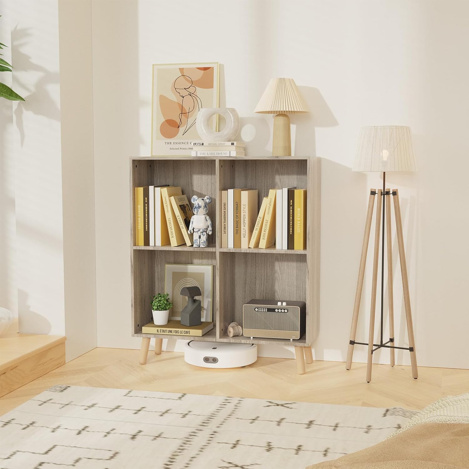 Lkeiyay Wooden 4 Cube Open Bookcase,2 Tier Mid-Century Bookshelf with Legs, Modern Storage Display Cabinet Organizer Bookshelves for Bedroom,Living Room,Office (Grey) Grey 4 cube