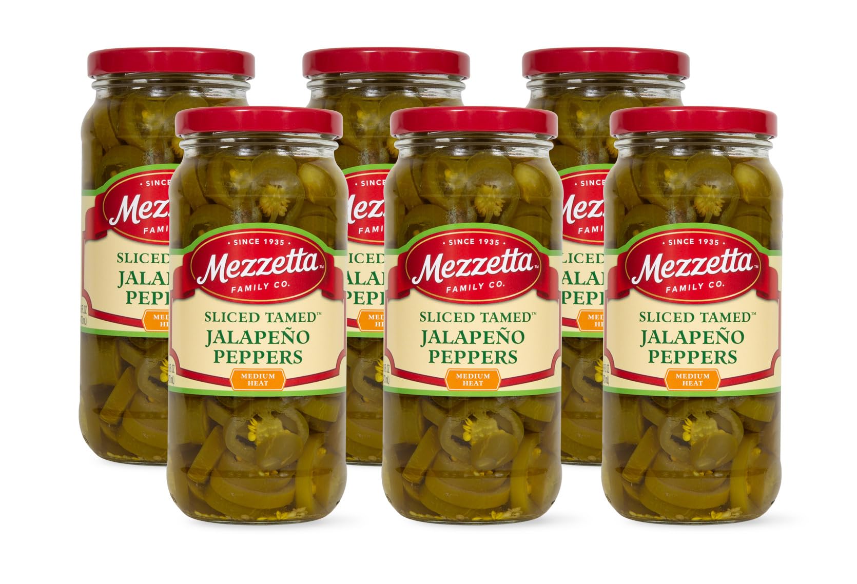 Mezzetta Sliced Tamed Jalapeno Peppers, Medium Heat | Kosher, Gluten, Keto | 16 Fluid Ounce Jar (Pack of 6)