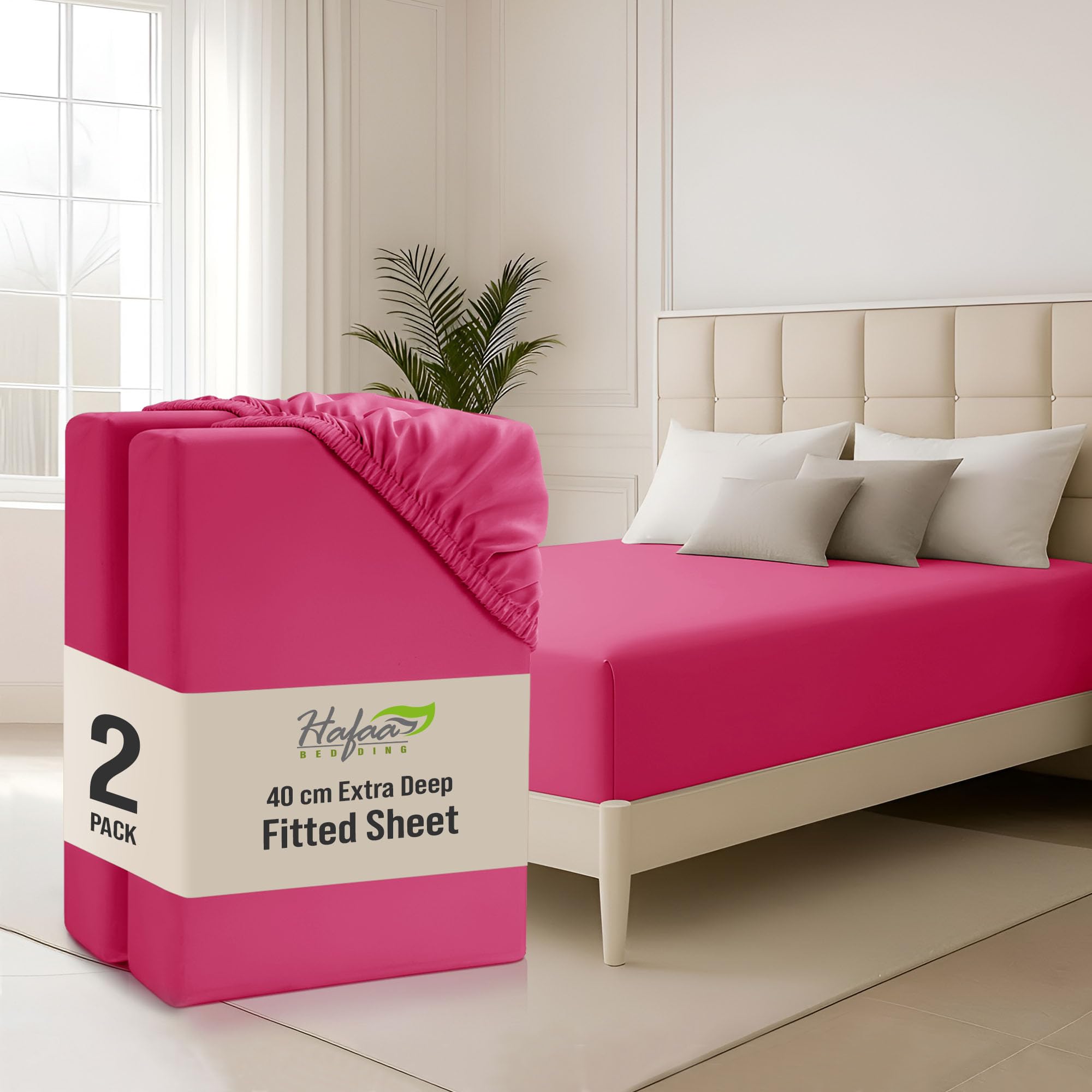Hafaa Double Fitted Sheet 2 Pack 40Cm Deep Pocket 16 Inch Hot Pink Bed Sheets Hotel Quality Soft Brushed Microfiber Fabric Breathable Shrinkage Fade Resistant Bedsheet โ image 1