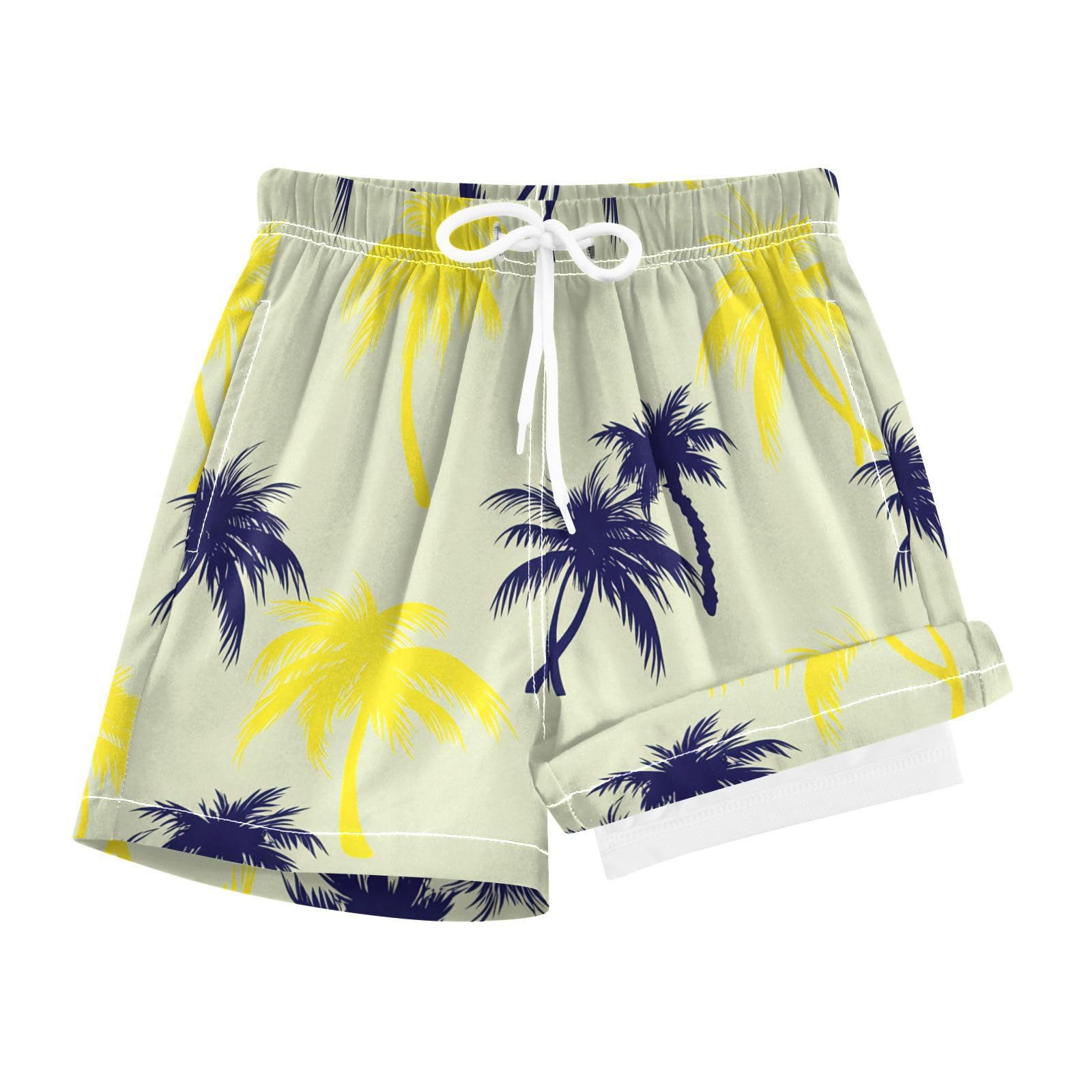 YANENDIE Boy Swim Trunks with Compression Liner Palm Trees Navy Yellow Boys Swim Shorts Quick Dry Beach Shorts