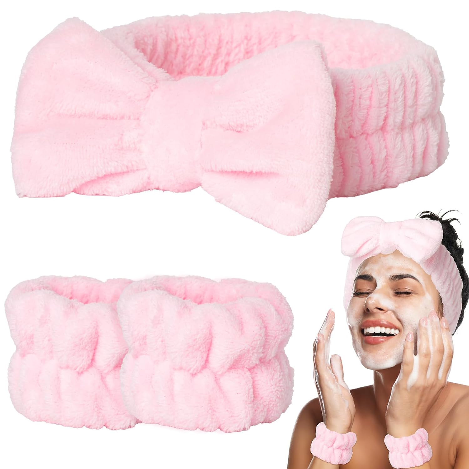 3 PCS Pink Spa Headbands and Wrist Set for Women Girls- Face Wash Headband Wristband Set, Soft Facial Spa Hair Wraps Makeup Skincare Bath Headbands Wrist Bands for Christmas, Birthday Gift