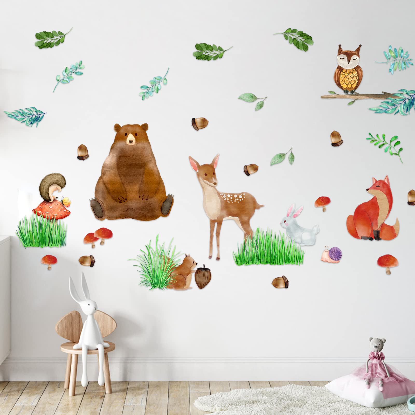 Woodland Animals Wall Decals Watercolor Forest Bear Fox Deer Leaf Stickers Baby Nursery Kids Bedroom Classroom Wall Decor