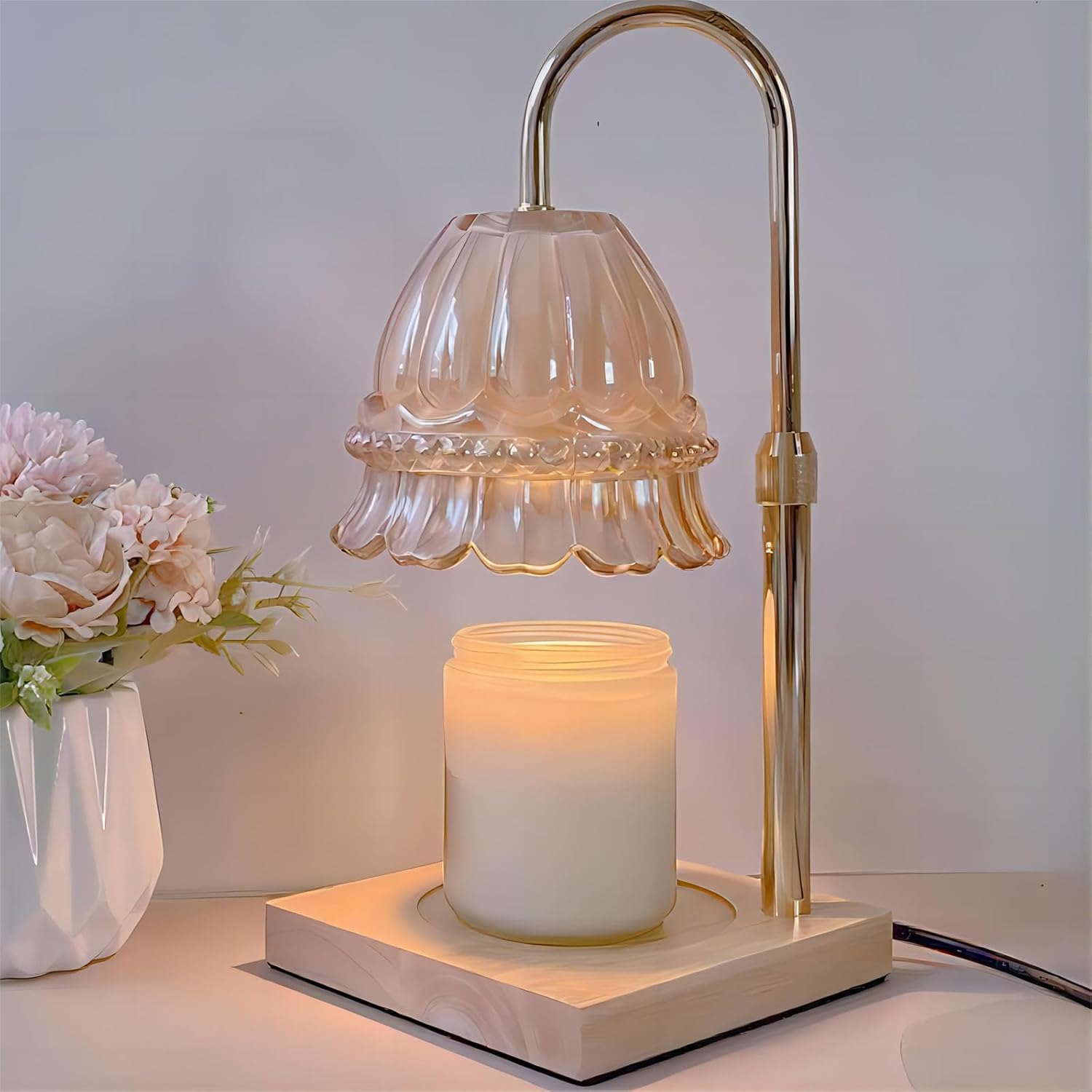 Glass Flower Lampshape Candle Warmer Lamp with Adjustable Height, Wax Burner Lamp with Timer and Dimmer, Wooden Base Candle Warmer, Candle Lover Gifts (Amber)