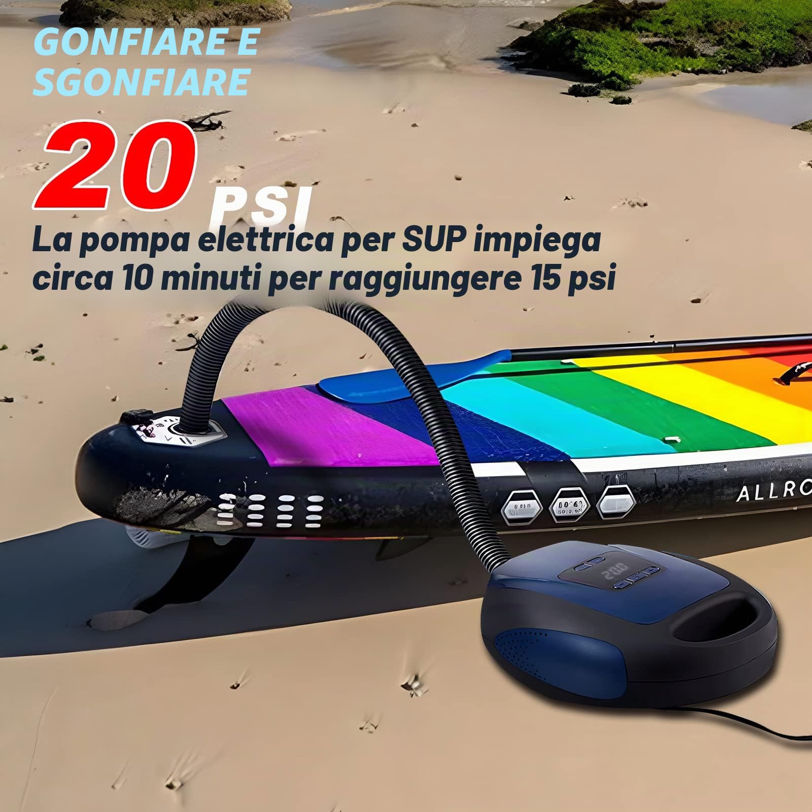 Pompa Elettrica SUP, 20PSI Alta Pressione Sup Portatile Air Pump 12v DC con Auto-Off/Gonfiaggio/Sgonfiaggio Doppio Stadio, per Kayak/Materasso/Ala Da Vento/Sport Acquatici