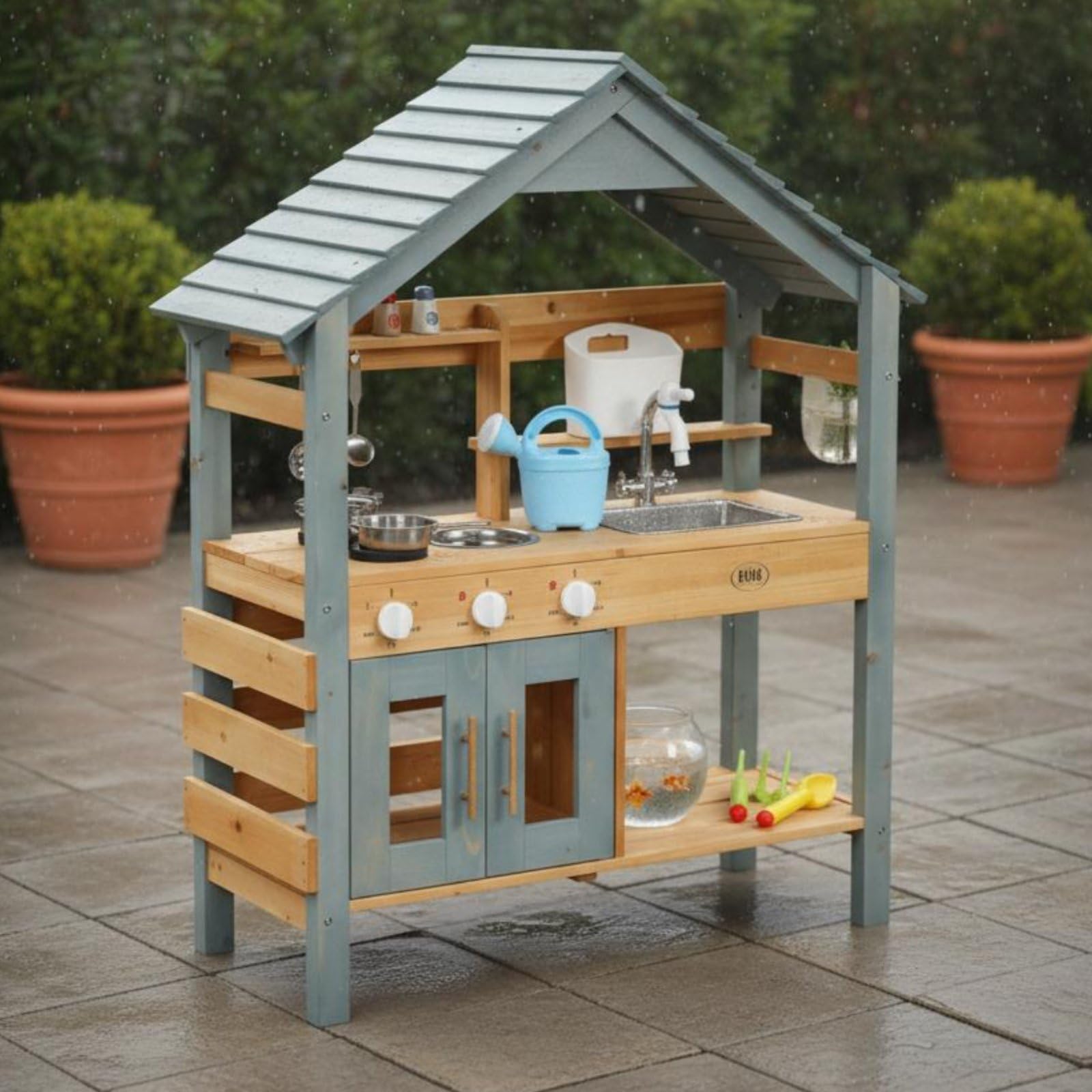Cucina Giocattolo per Bambini Cucina Giocattolo Cucina in Legno Cucina Finta Banco Gioco con Lavello Appendini Scomparti Effetti per Attività Creative Allaperto in Giardino Cortile