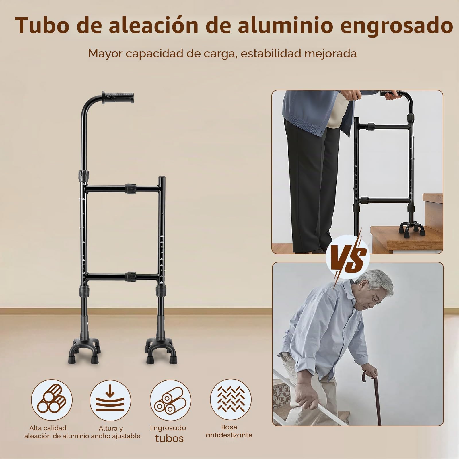 Bastón, Ayuda para Subir Escaleras Muletas para Personas Mayores Altura (85-115 Cm) Y Ancho (22-36 Cm) Ajustables Base Cuadrúpeda Bastón/Ayuda para Subir Escaleras Versátil Diseño 2 En 1