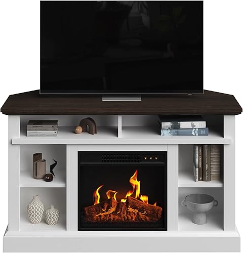 Miniatura 6 de Soporte de TV esquinero con chimenea eléctrica para televisores de 55 pulgadas consola con armario de almacenamiento control remoto calor ajustable