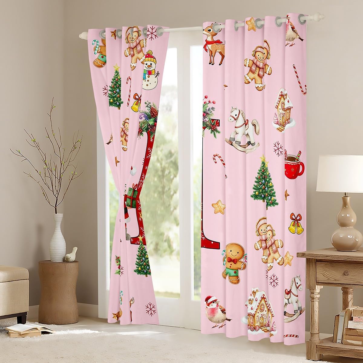 Feelyou Kids Pink Christmas Theme Curtain (2 Panels, 38 x 45 Inch) Cute Xmas Gingerbread Man Santa Claus Window Drapes Boys Girls Alphabet Personalized Initials Letter I Blackout Shades image 3