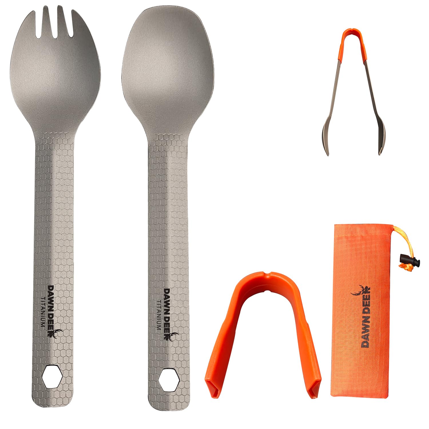 Dawn Deer 3 in1 Titanium Ultralight Cutlery Set, Long Handle Spoon and Spork, Camping Tong, Travel Utensils with Bag (16 cm)