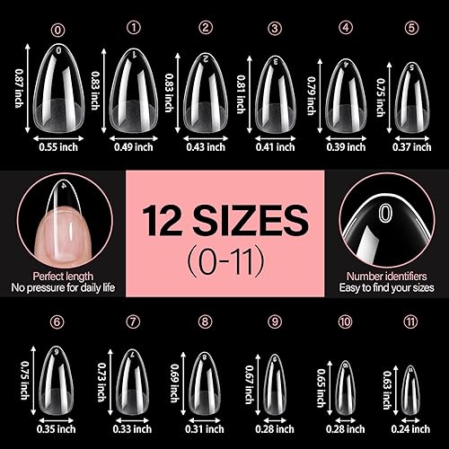 Vista 6 de AILLSA Puntas de uñas medianas de almendra, uñas acrílicas medio mate, gel transparente, cobertura completa, preliminadas, uñas postizas