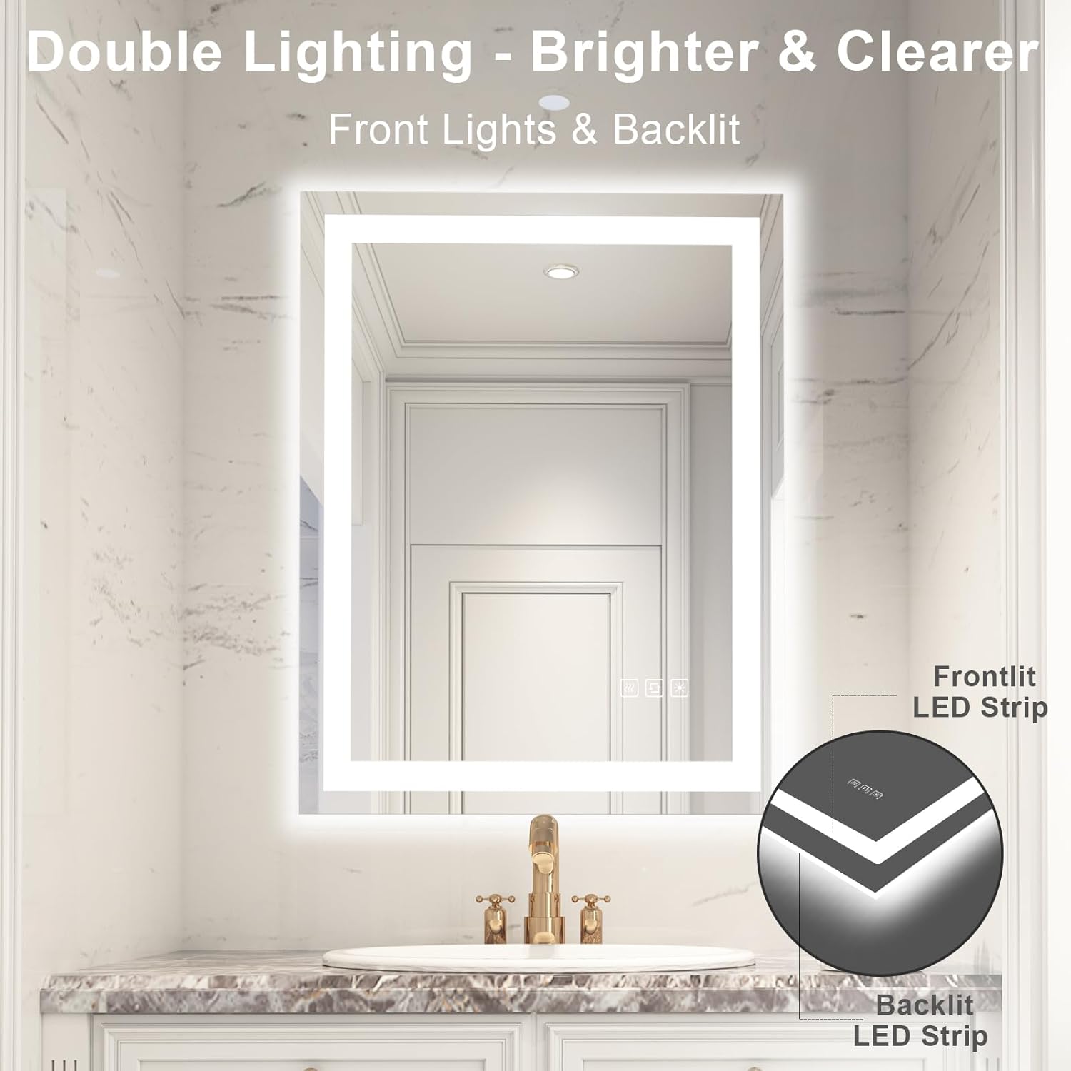 furduzz 36 x 28 Inch LED Bathroom Backlit Mirror,Wall-Mounted Bathroom Vanity Mirror,Anti-Fog Dimmable Meory Function Makeup Mirror with Lights(Horizontal/Vertica)