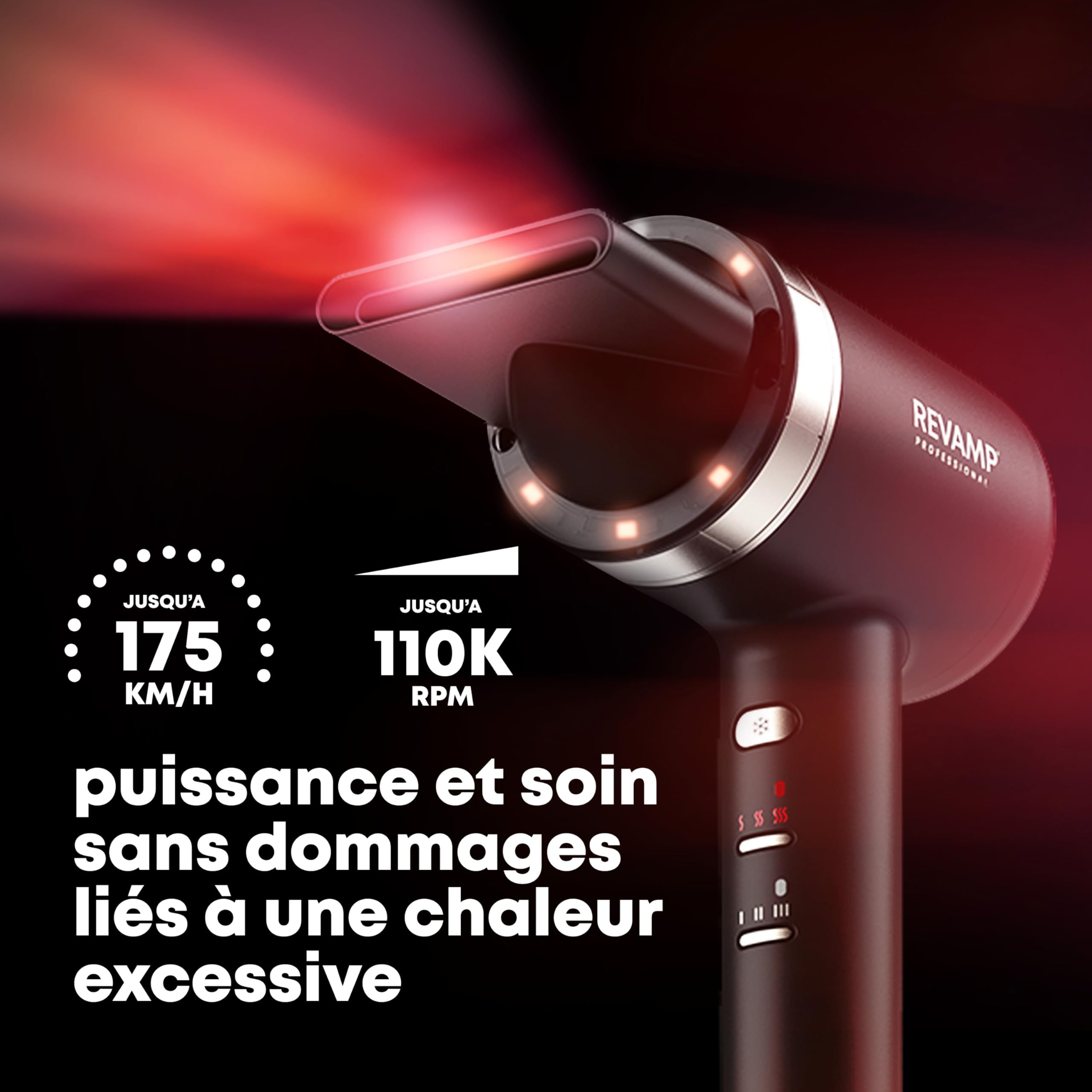 REVAMP Seche Cheveux Professionnel Tri-Care – Seche Cheveux Infrarouge, Ions & Lumière Rouge/Bleue, 3 Embouts Magnétiques – Séchage Ultra-Rapide, Silencieux, Brillance avec Huiles Progloss