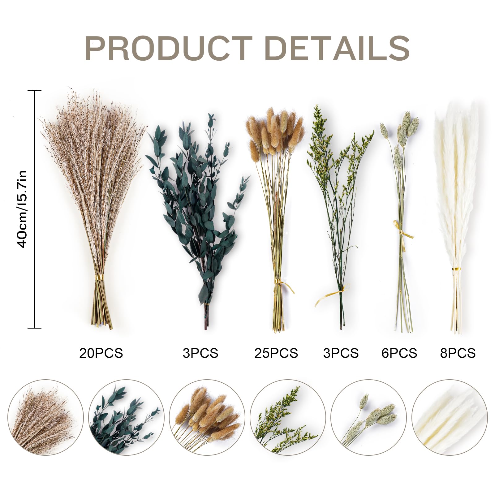 HOTUT Natural Pampas Grass Bouquet, 65 Stems Assorted Dried Flowers, 6 Different Flower Variants, Bunny Tails, Reed Grass - Image 2