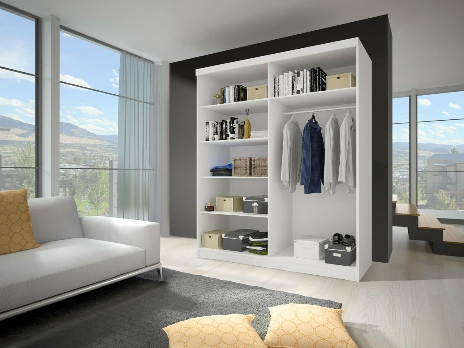 Fabryka Mebli Idźczak Kleiderschrank mit Spiegelfront & Schiebetüren Weiß Grau - platzsparend & geräumige Fachaufteilung mit Kleiderstange - moderner Stauraum für Schlafzimmer Ankleidezimmer