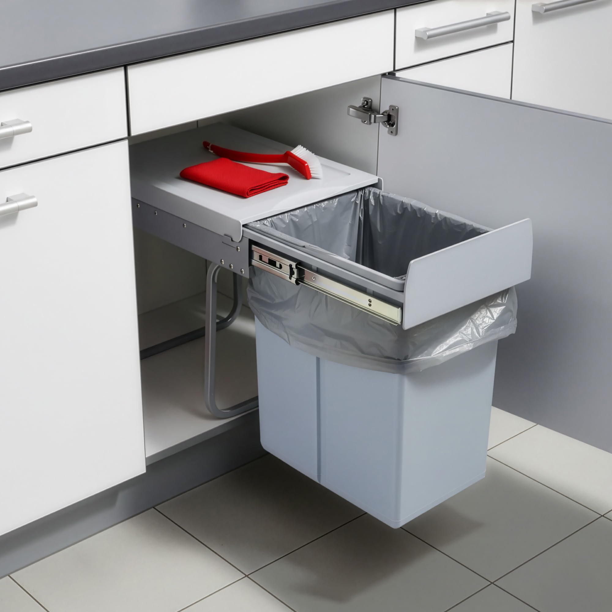 Poubelle Encastrable sur Rails Coulissants Tri Sélectif Sous Évier 1 x 20L Gris Acier Plastique 34 x 26 x 42 cm