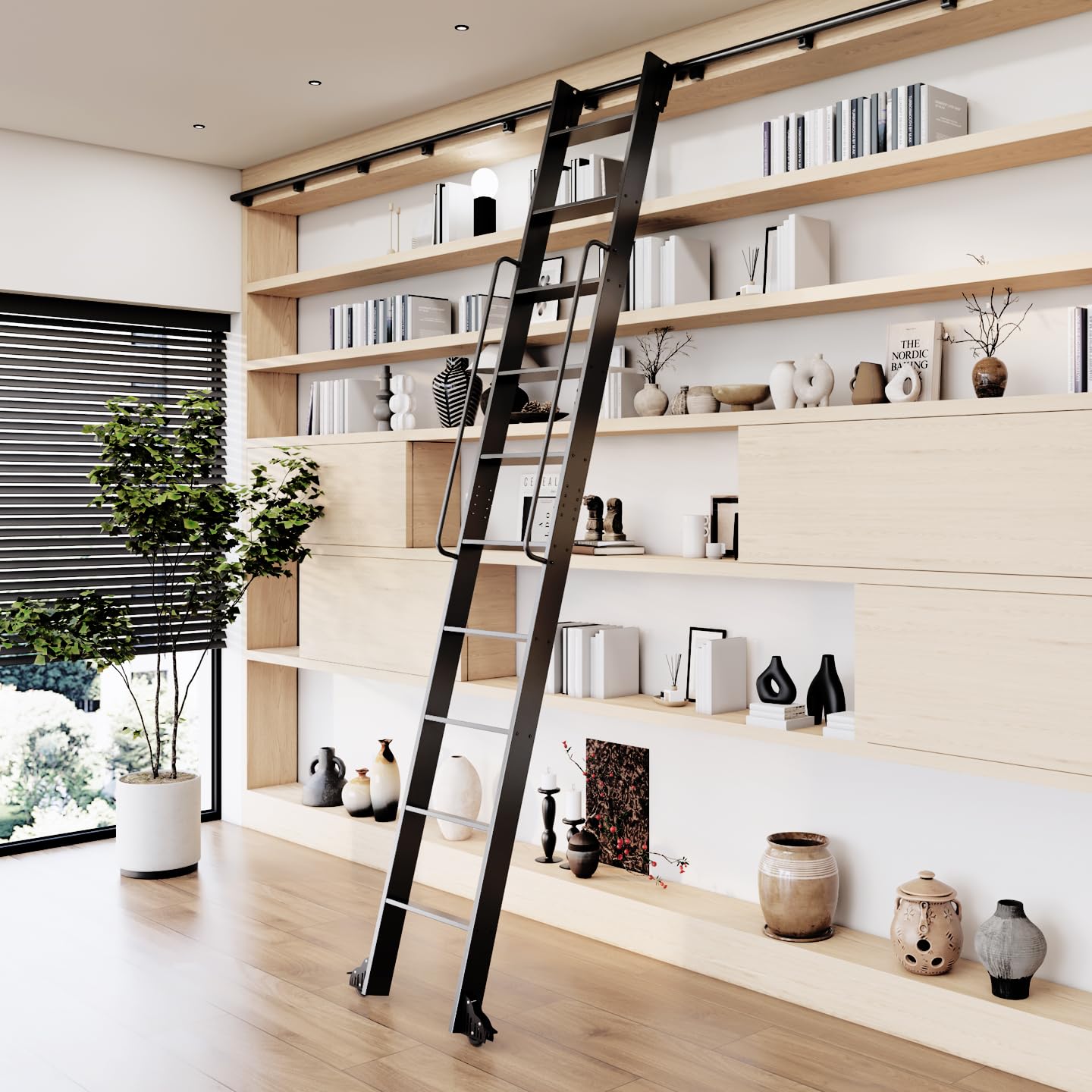 Photo 1 of 104RDHOUSE 10FT Lightweight Aluminum Rolling Step Ladder 120",Rolling Library Ladder with Wheels,Industrial Sliding Ladder for Home Library,Bookshelf, 4FT Hook Ladder Bookcase Track Kit for Home