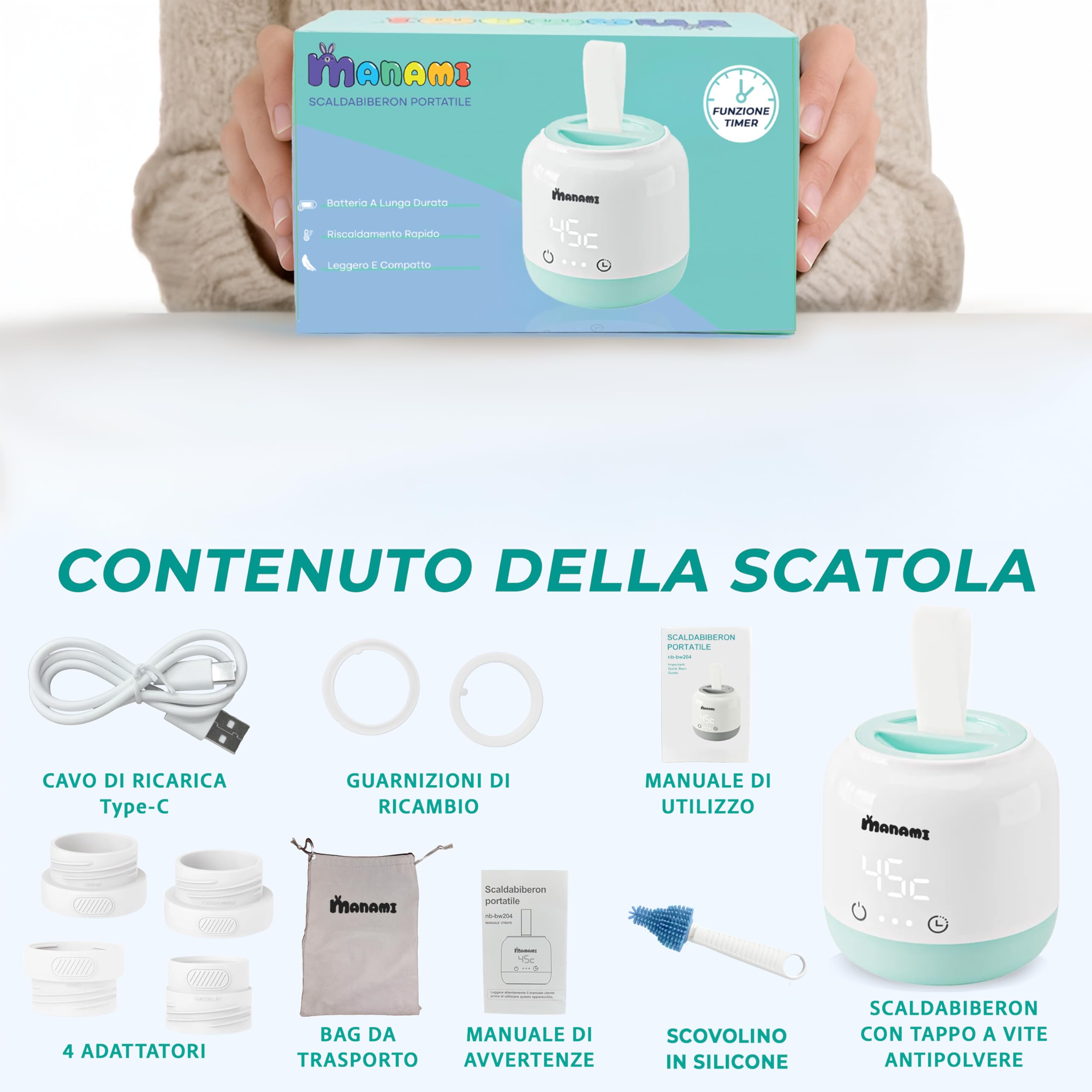 Scaldabiberon Portatile per Neonato e Viaggio MANAMI® – Senza Fili, USB Ricaricabile 10.000 mAh – Riscalda in 2 Minuti, Timer 6 Impostazioni e Mantenimento Calore – Compatibilità Universale
