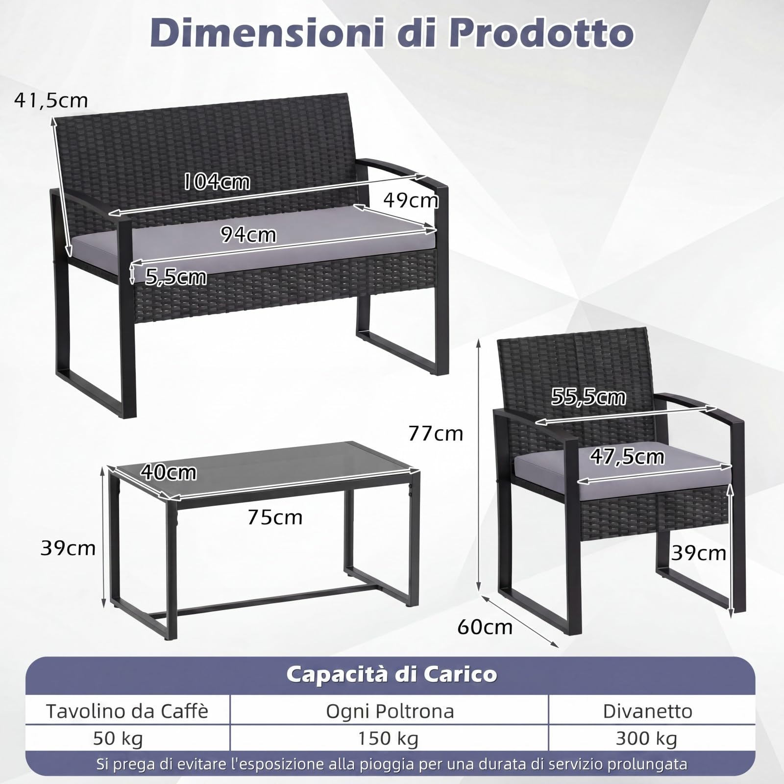 SOARS Set di Salotto da Esterno in Rattan PE, Divano 2 Posti, 2 Poltrone, Tavolino Vetro Temperato, Cuscini, Grigio