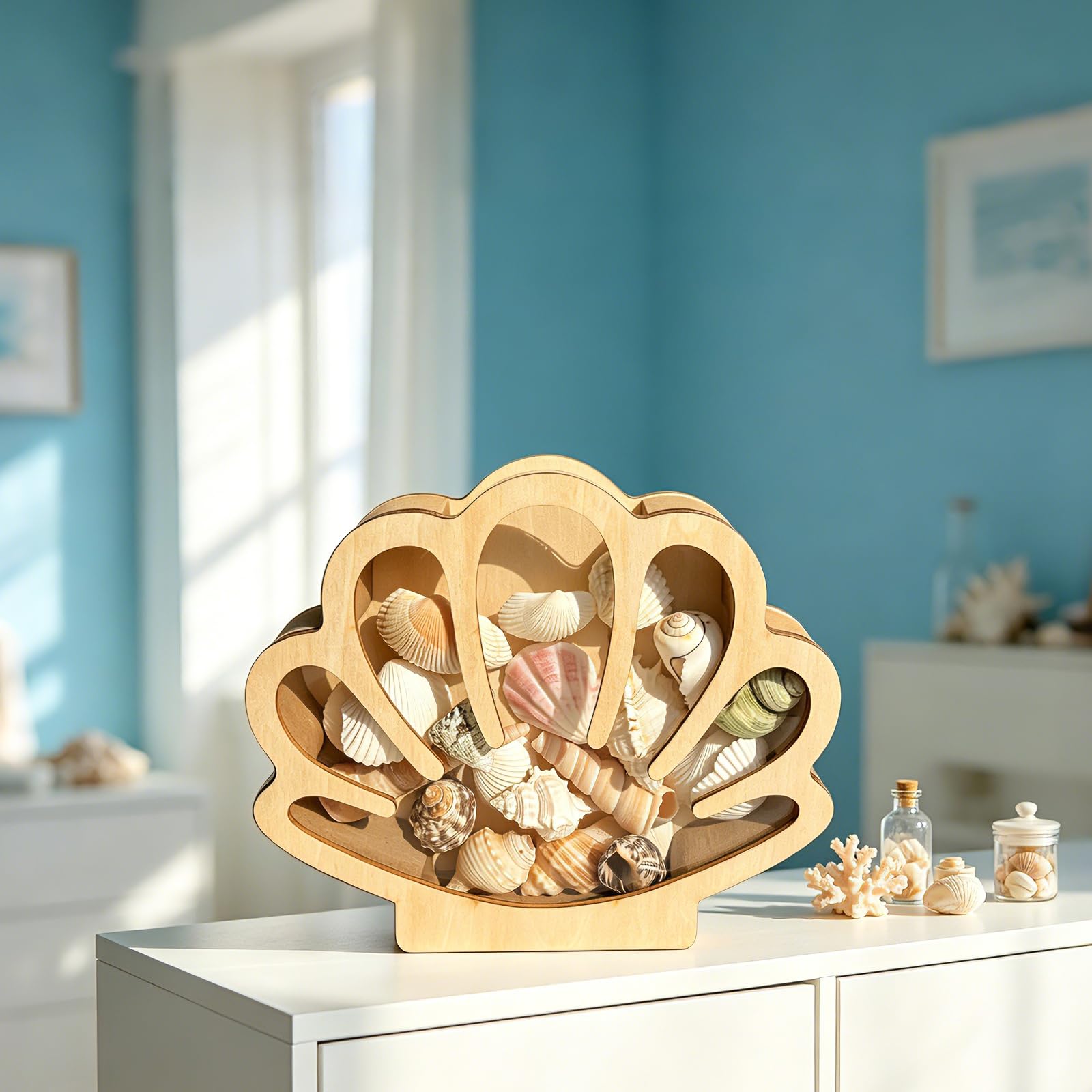 Caja de almacenamiento de madera con ventana acrílica, soporte de concha de mar, cristal de mar, dientes de tiburón, estrella de mar, caja de exhibición de sombra, caja de colección de
