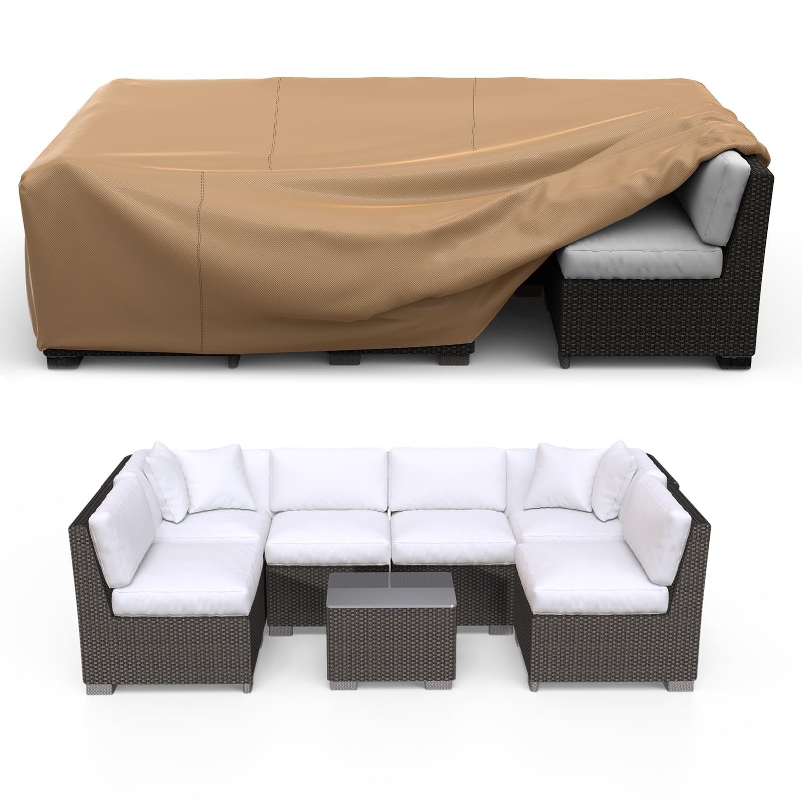 Patio Furniture Set Cover Waterproof, Heavy Duty Furniture Covers for Outdoor Sectional Sofa Set Wicker Rattan Table Chair Rectangular,102"L×74"W×28"H,Brown