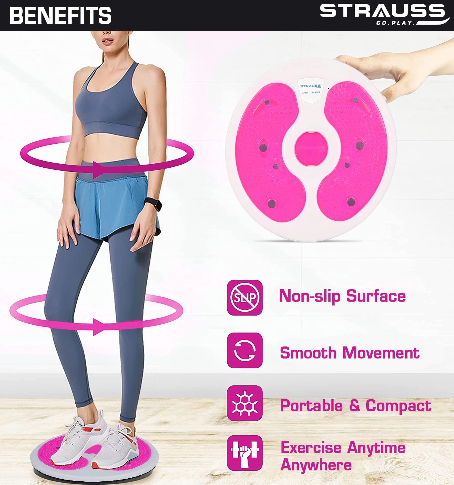 Strauss Tummy Twister | Tummy Trimmer, Abs Roller & Shaper for Women & Men | Exercise Machine with Non-Slip Surface | Ideal Equipment for Home Workouts (Pink) 1