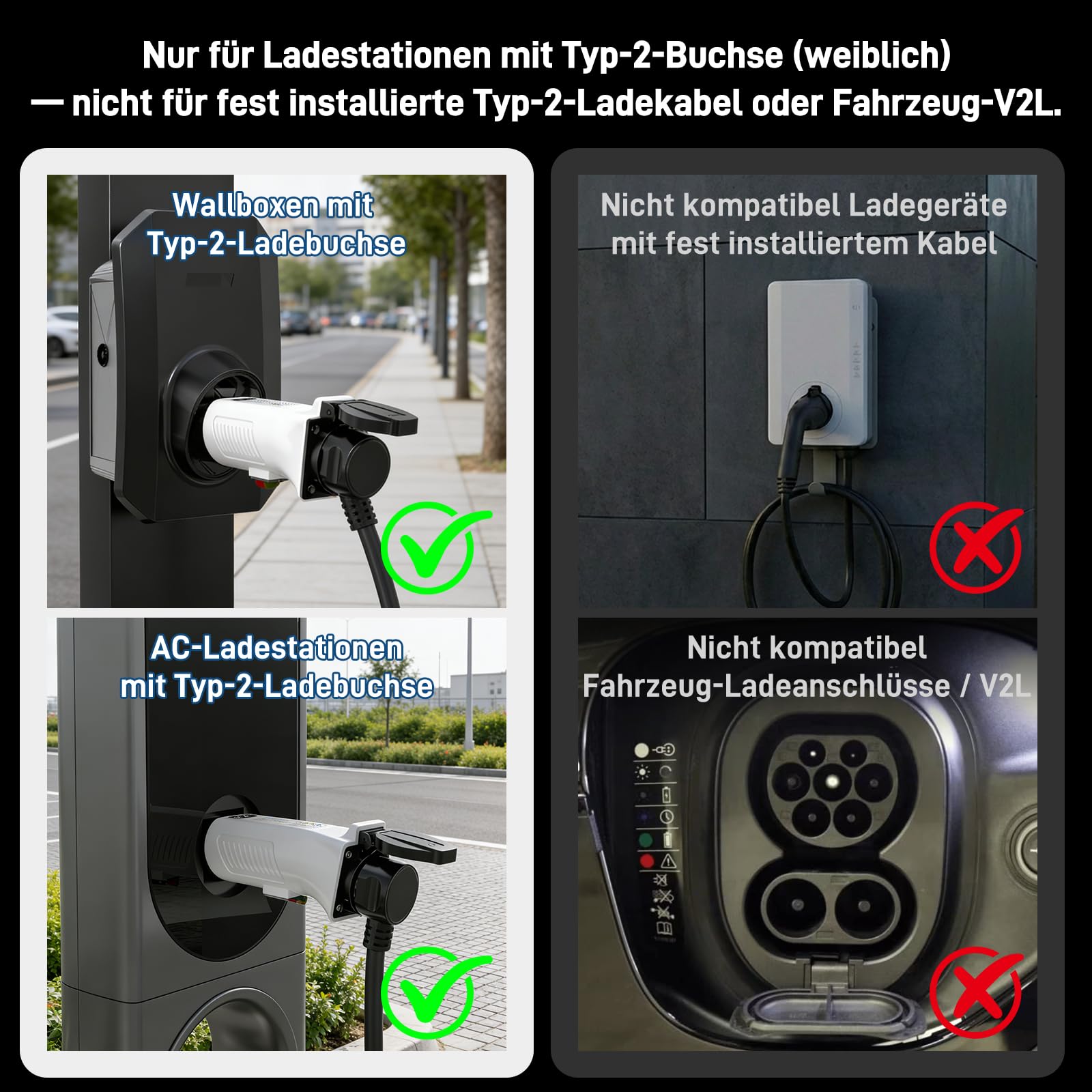 Typ 2 auf Schuko Adapter für Ladestation & Wallbox (230 V, 16 A, 3,68 kW, IP44) | Typ 2 Stecker auf Schuko-Steckdose für E-Bike, E-Scooter, Motorrad & Elektrorollstuhl (Nicht für V2L)