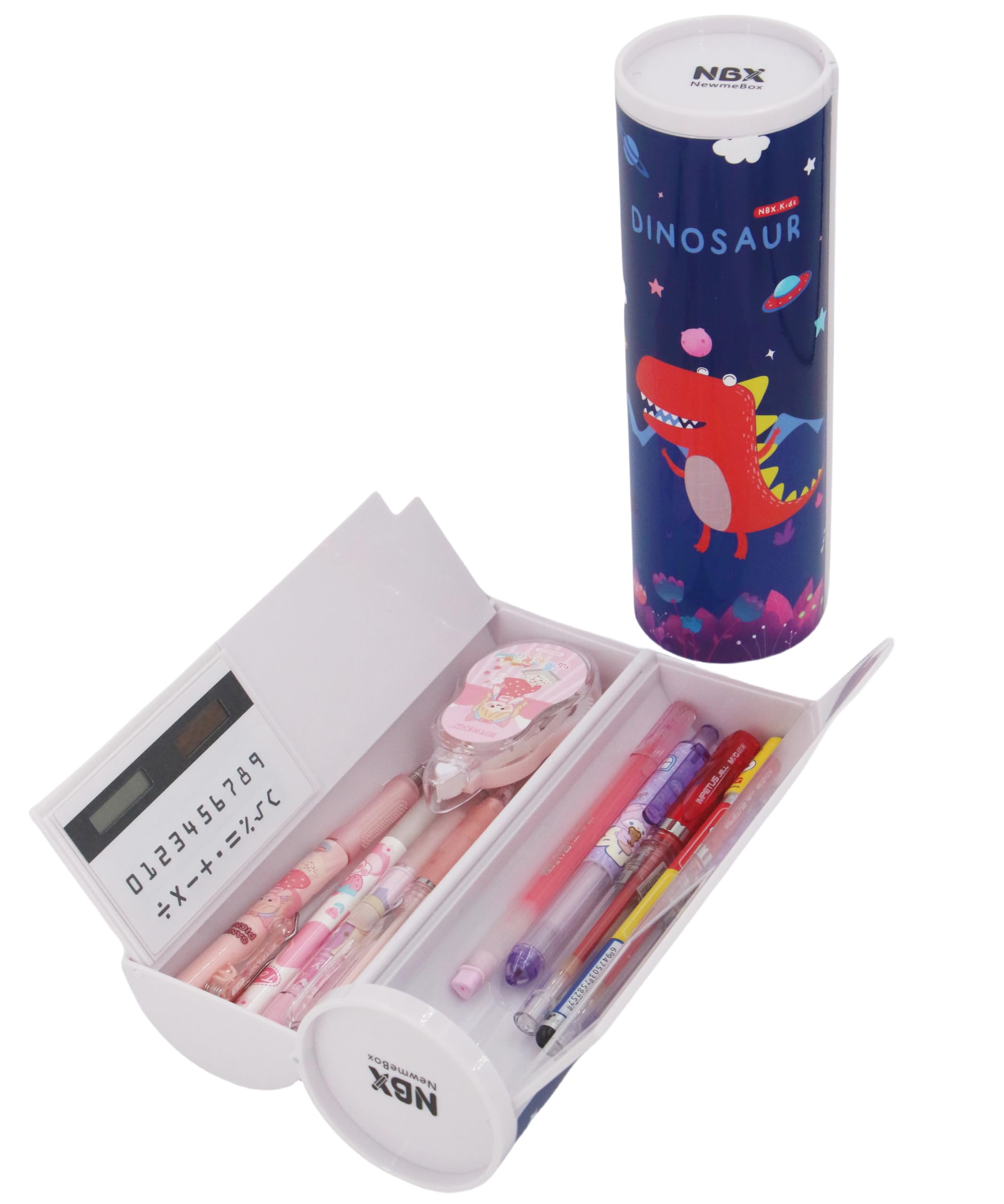 NBX NewmeBox Standing Pencil Case with Calculator, Mirror, Whiteboard, Cute and Cool Cylinder Pen Box, Multifunctional Desk Organizer, Kawaii Patterns for Girls, Boys, School Supplies, Kids(Dinosaur)