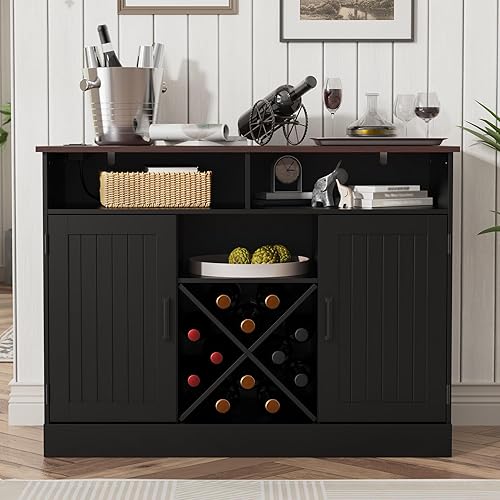 Miniatura 10 de MHOM Armario de café de granja con salidas Prower, armario rústico de licor con estante para vino, gabinete de vino de madera para comedor y sala