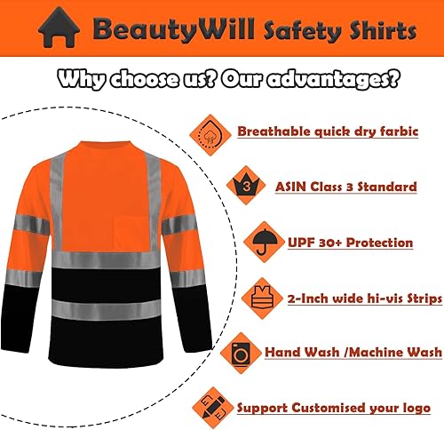 Miniatura 9 de BeautyWill Camisas de alta visibilidad de manga larga clase 2 reflectantes ANSI con bolsillo camisas de seguridad para hombres y mujeres