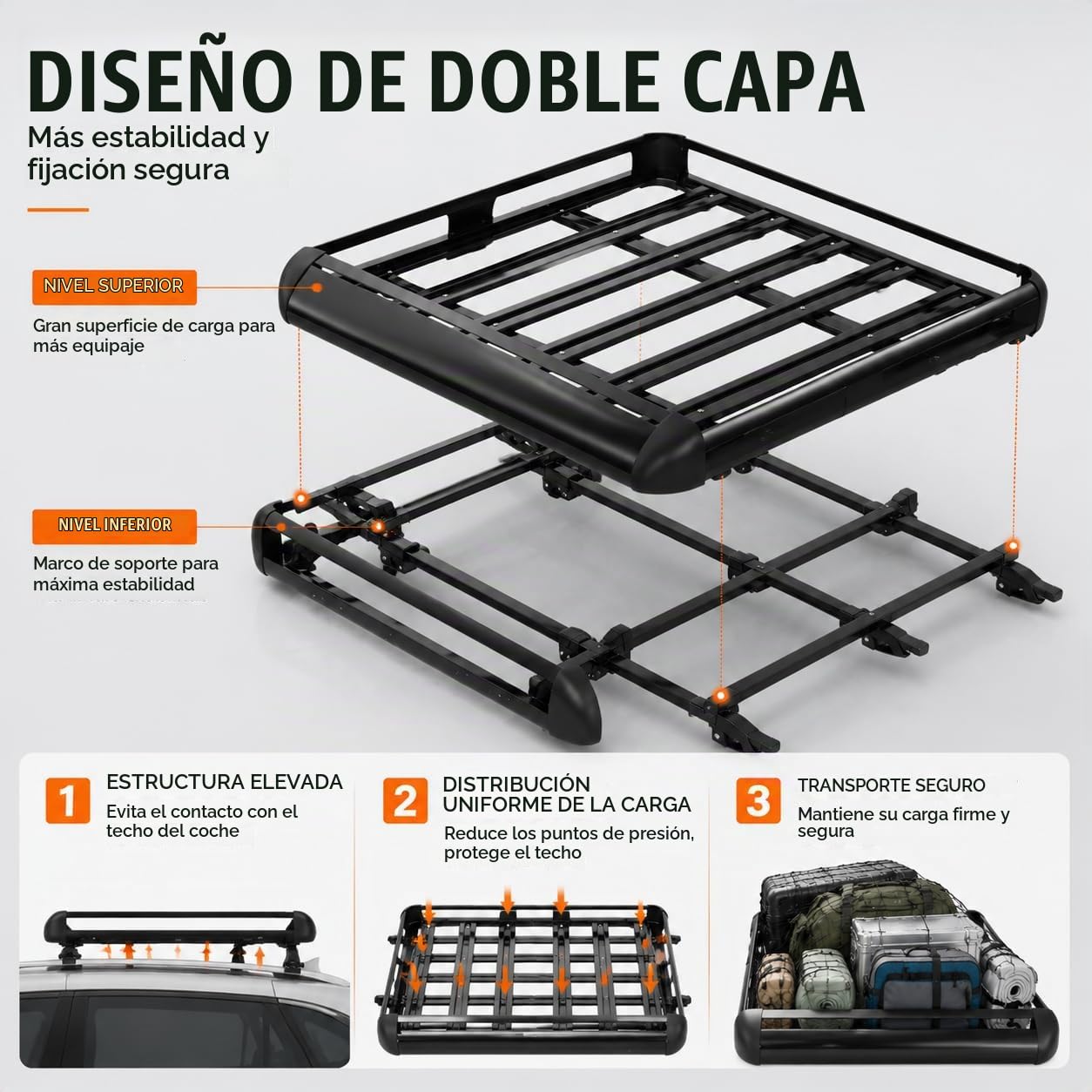 Portaequipajes de aluminio universal para techo 127x97cm, portaequipajes de doble piso con deflector de viento, portaequipajes en forma de canasta para SUV con capacidad de carga de 150kg