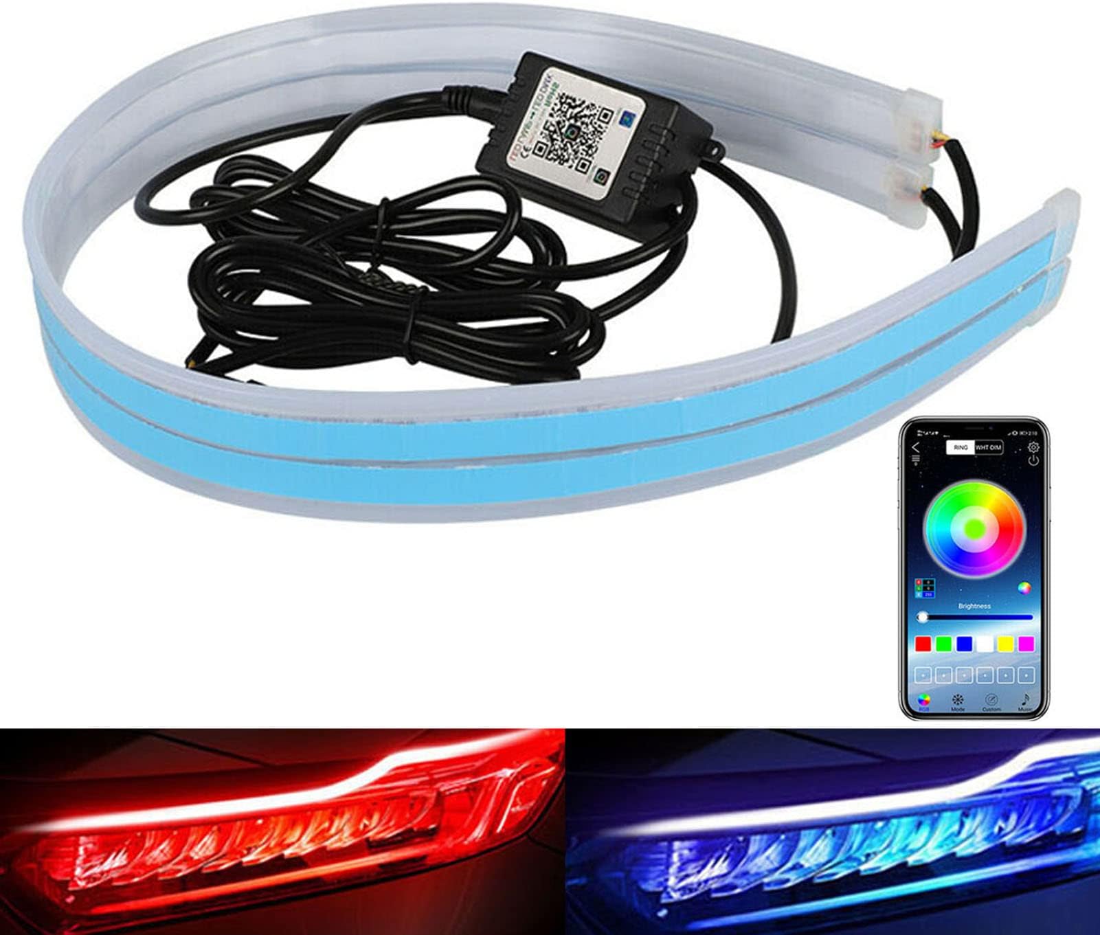 Flexible Car Led Light Strip DIBMS 24 Inches 60cm LED Multi Color Daytime Running Lights RGB Kit for Car Switchback Headlight Decorative Lamp Kits Turn Signal Tube Lights with APP Control