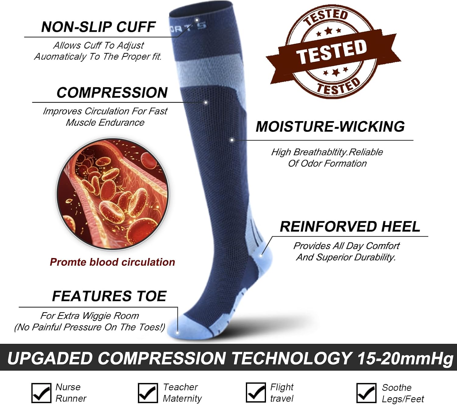 Compression socks for women,Crew socks with arch support,Sports knee-high socks for nurse travel,15-20 mmhg