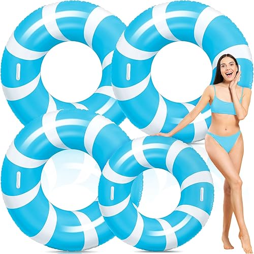Miniatura 9 de 2 anillos de natación grandes azules con asas de 47.24 pulgadas, tubo inflable clásico a rayas para piscina inflable para adultos, tumbonas de
